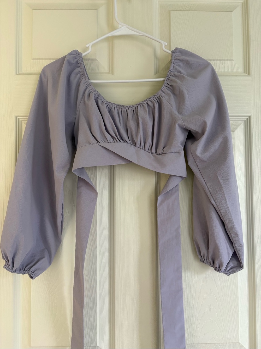 SHEIN Lilac Long Sleeve Puff Crop Top with Tie Straps